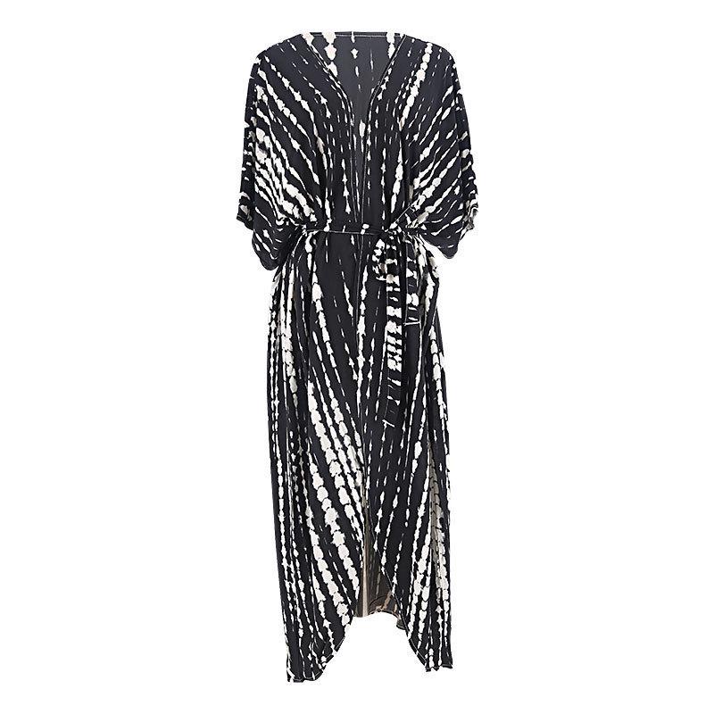Black & White Tie-Dye Cardigan Beach Dress & Swimsuit Cover-Up