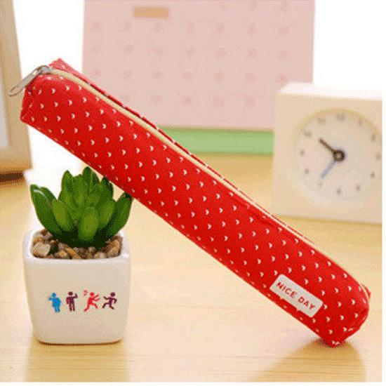 

Korean Canvas Pencil Case - Striped Polka Dot, Candy Colors for Students красный