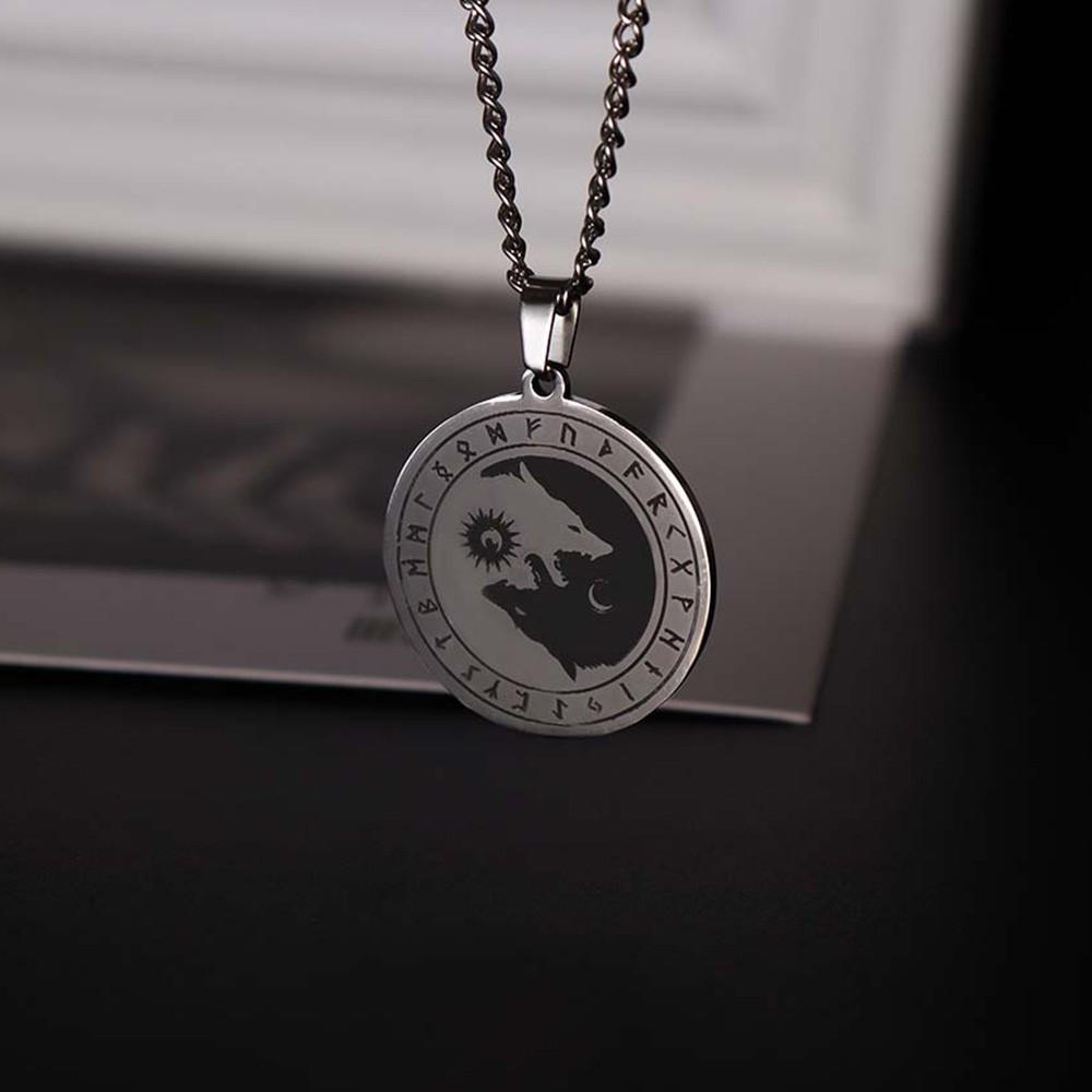 Odin Wolf Head Sun and Moon Rune Pendant Pendant Sun and Moon Logo Necklace