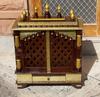 Wooden Temple | Brass Wall Pooja Mandir-Handicraft Pooja Stand Temple with Intricate Bells,Desk Storage Drawers | Home Office Religion Decor