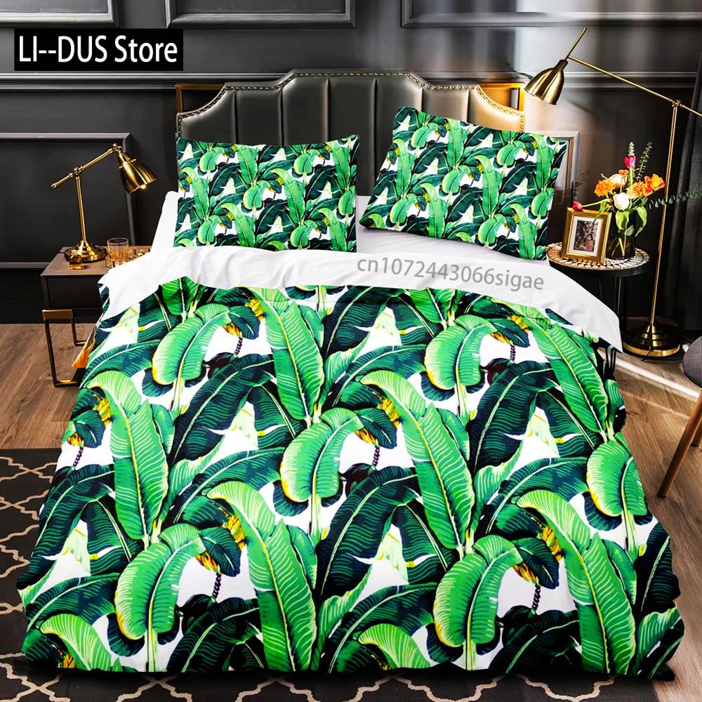 Tropische Pflanzen Floral King Queen Bettbezug Grün Palmblätter Bettwäscheset Cremefarbene Blumen 2/3-teilig Polyester Steppdecke