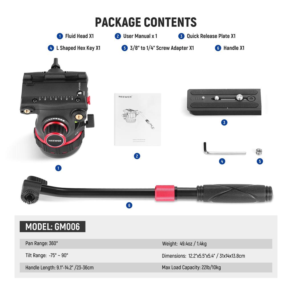 NEEWER GM006 Fluid Video Tripod Head with Stepless Adjustable Pan Tilt Quick Release Adjustable and 75mm Compatible with RS Maximum Load 10kg Head, &
