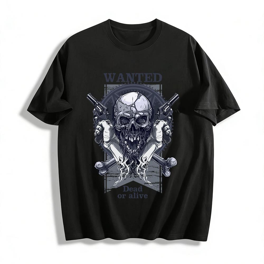 Wanted Dead Or Alive Skull Gun Print Streetwear Casual Tee Pure cotton T-shirt XXS