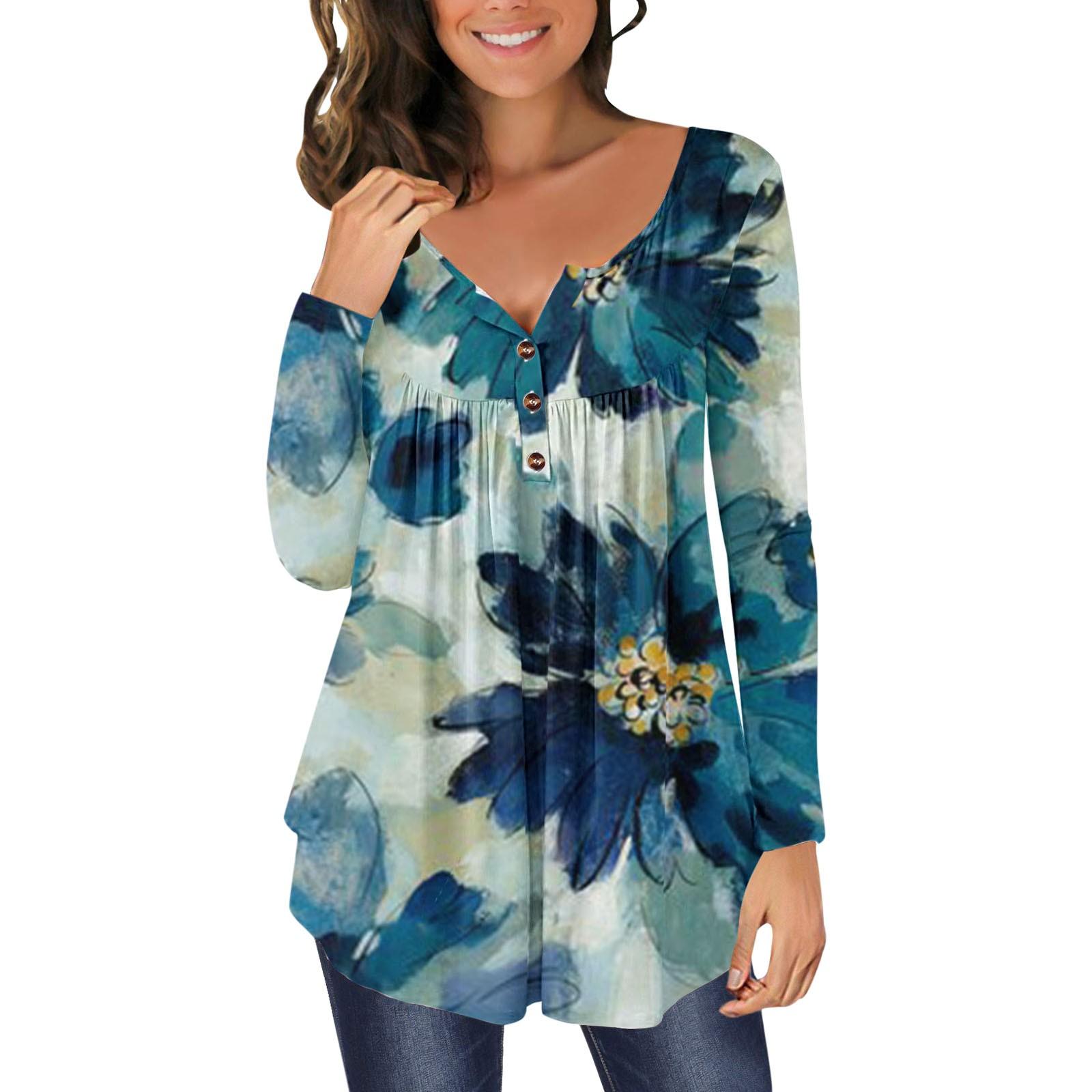 

(SU)Женская повседневная футболка с длинным рукавом и открытым воротником на пуговицах с принтом, блузка, топ