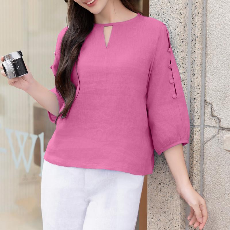 

ZANZEA Женская повседневная однотонная свободная блузка с круглым вырезом и рукавом 3/4 5XL темно-розовый