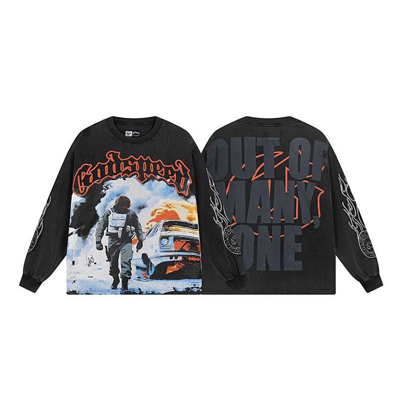 Mens Oversized Cotton Long Sleeve Tee With Skull Graphic Print Streetwear Rock Band Style Loose Fit Teens Adults