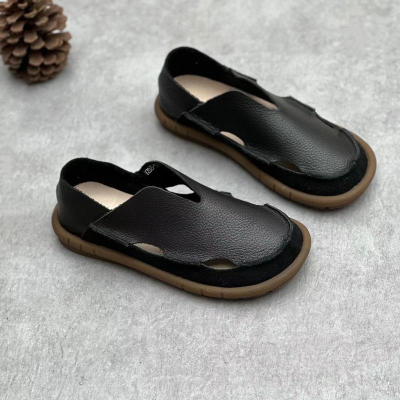 Women Genuine Leather Summer Sandals Retro Round Toe Flat Hollow Out Cowhide Shoes