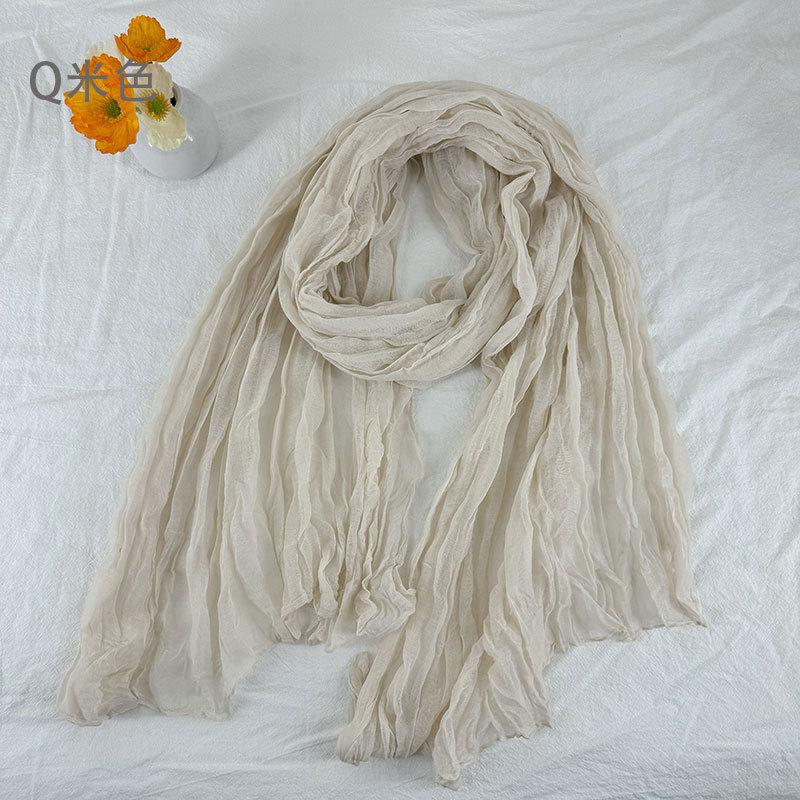 Women Soft Breathable Cotton and Linen Scarves Solid Color Pleated Scarf Retro Bohemian Style Long Wraps 180*90cm Multi Color