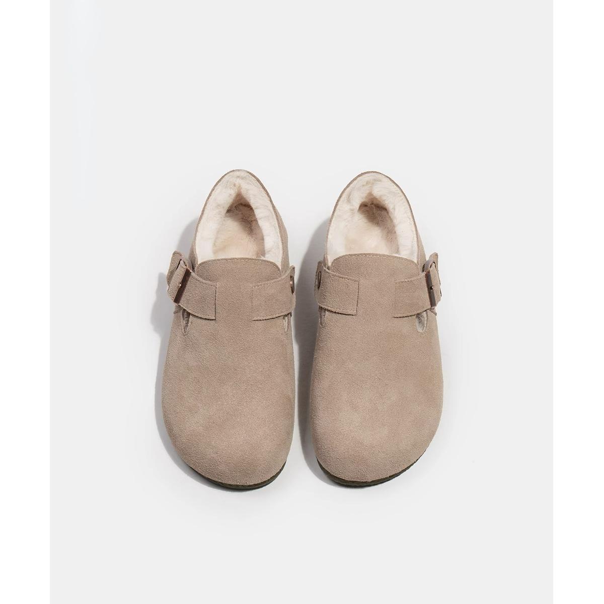 Женские балетки с круглым носком повседневные женские коричневые кроссовки лоферы слипоны меховые для платья новые зимние ретро с мелким вырезом тапочки женские 35 бежевый 8149₽