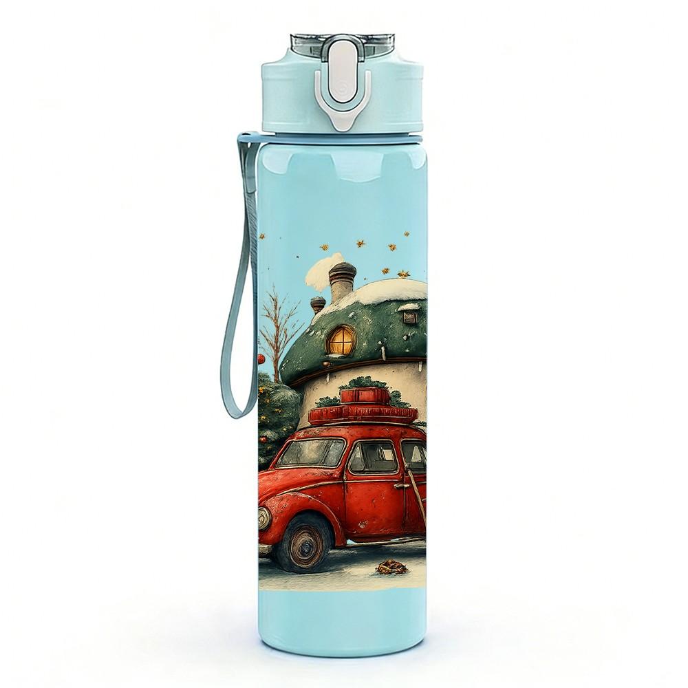 1PC Christmas Truck Pine Tree Pattern 750ml Color Plastic Sports Water Bottle Leakproof Flip Straw Lid Suitable for Sports Office Home Use