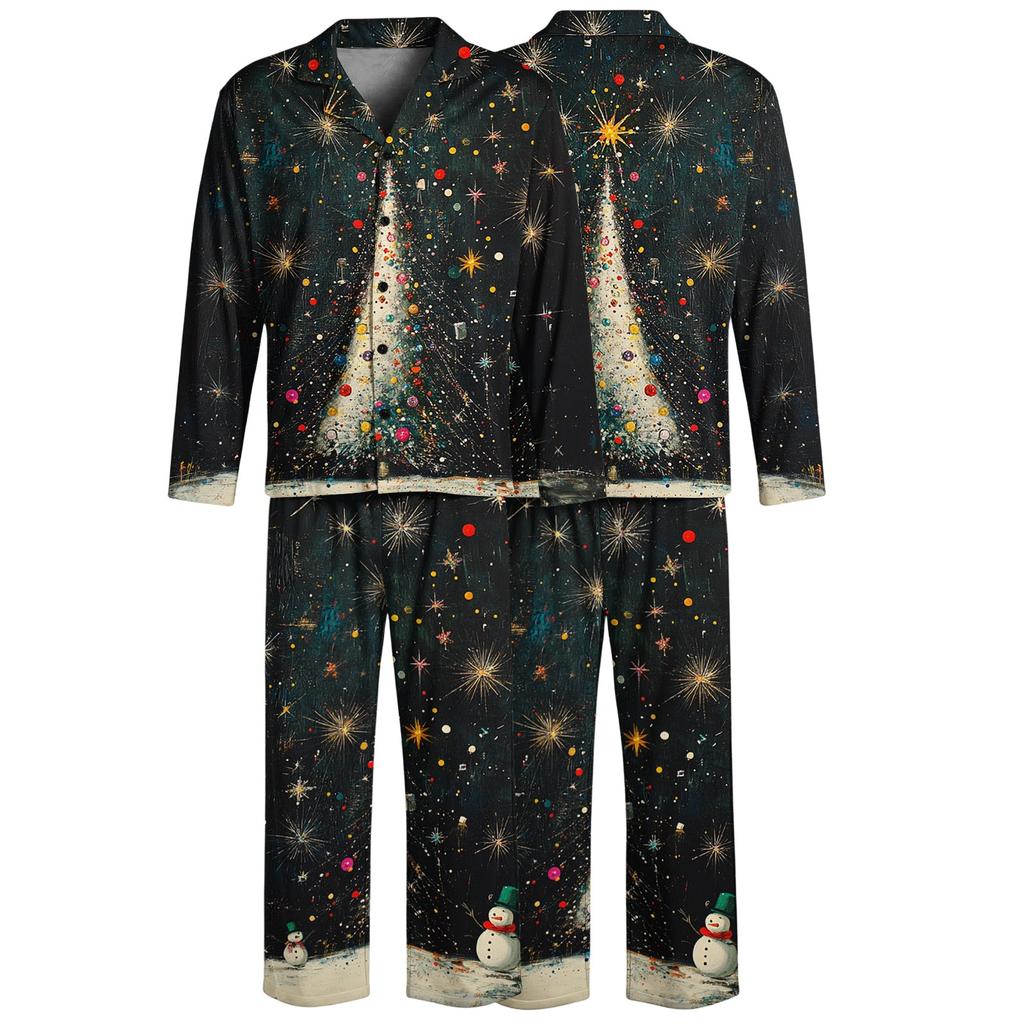 Men's Loose Fit Christmas Print Pajama Set with Button Down Top and Straight Leg Pants - Two Piece Holiday Sleepwear