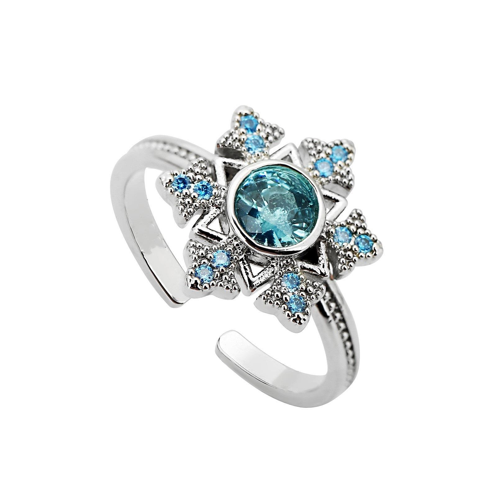 Sweet Blue Sapphire Snowflake Hollow Micro Paved Zircon Adjustable Ring Fashionable Personalized Jewelry For Women небесно-голубой