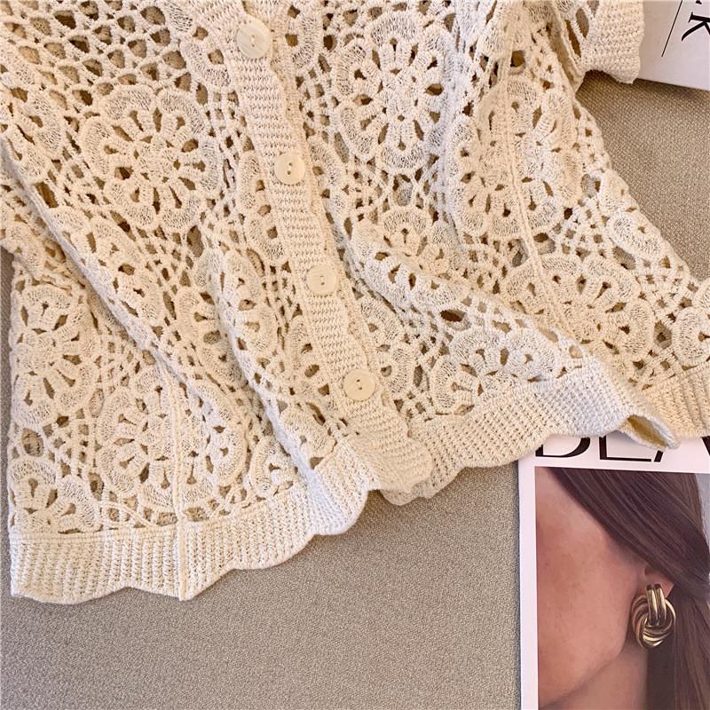 Vintage V Neck Handmade Crochet Knit Cardigan Women Summer Fashion Hollow Out Design Casual Versatile Loose Slimming Blouse