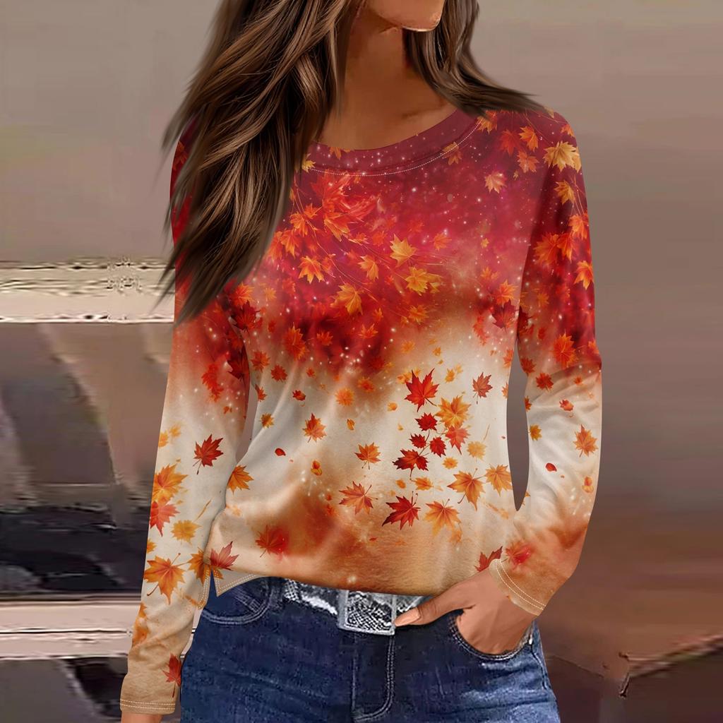 Women's Casual Long Sleeve Maple Leaf Print Round Neck Blouse for Everyday Wear