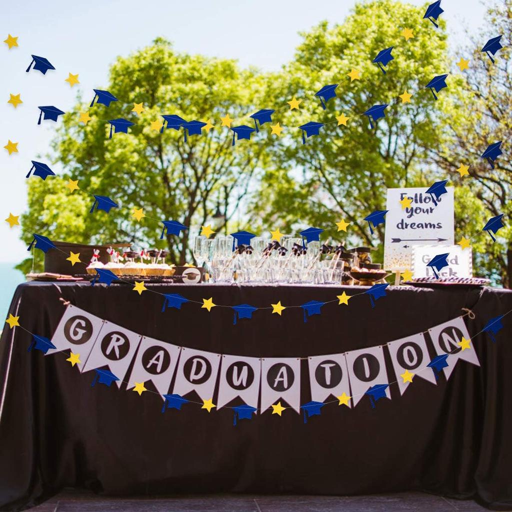 5Pcs Blue and Yellow Graduation Cap Garland Banner 2025 Graduation Banner Class of 2025 for Grad Party Decorations Class of 2025 Blue and Yellow