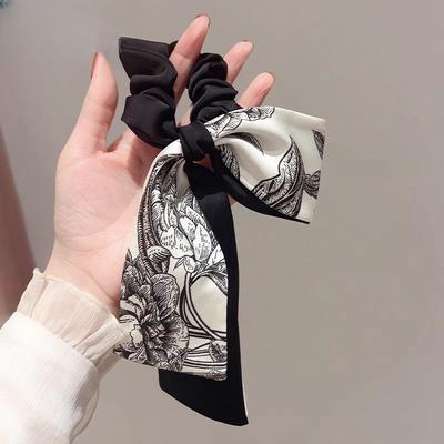 Guochao Ink Printing Hair Band French Elegant Unilateral Bow Hair Rope High Elastic Ponytail Rubber Band Retro Hair Accessories