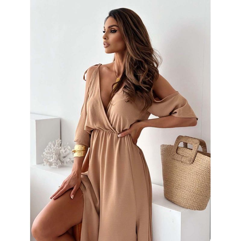 New Cross V Neck Loose Elegant Party Suspender Dress Five-quarter Sleeve Off Shoulder Lace Up Casual Split Sexy Long Dress Party Slim Women's Clothing