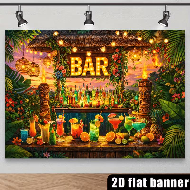 Toile de fond Tiki Bar 2D, Bannière de fond photo pour fête de cocktail Luau Hawaïen Tropical