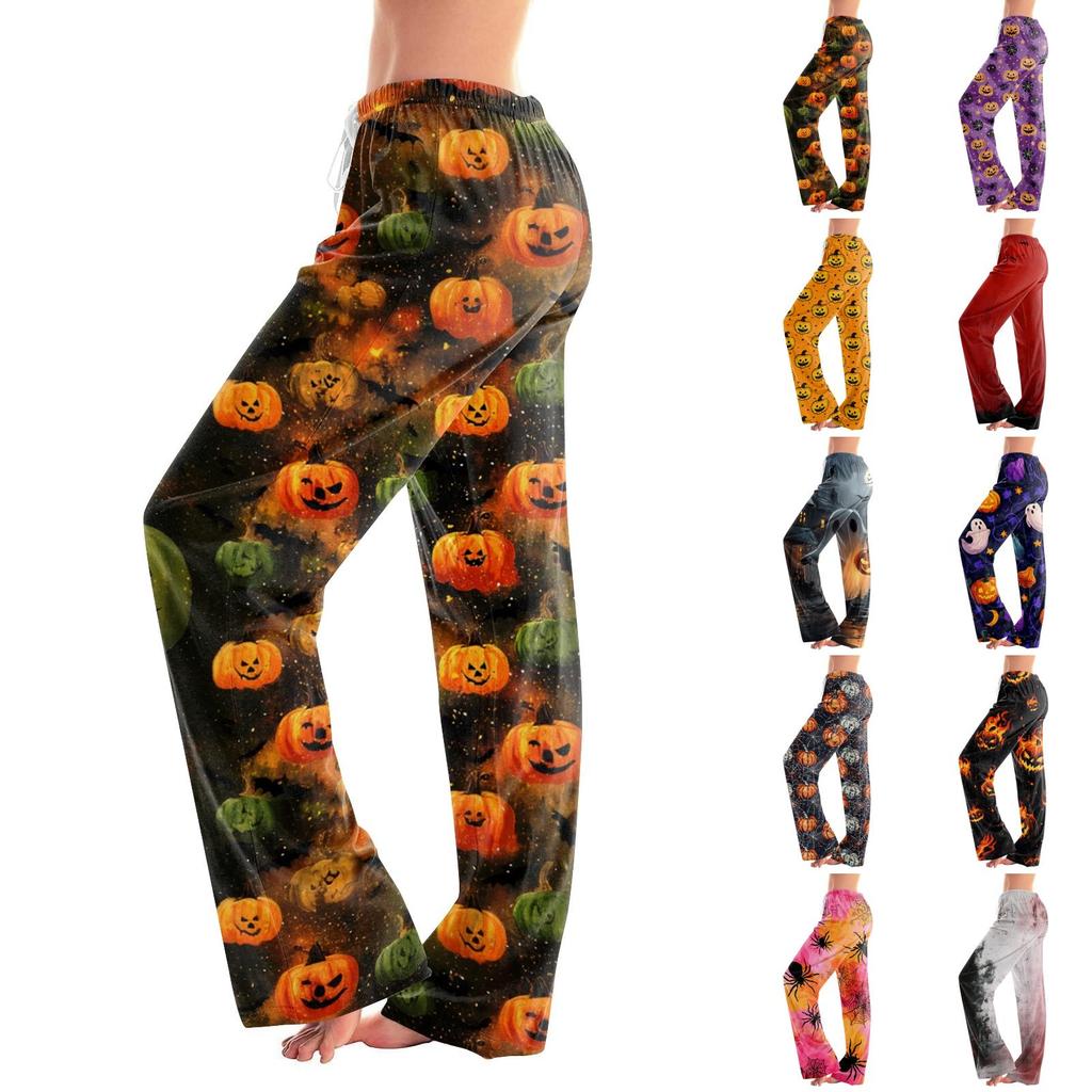 Women’s Drawstring Halloween Printed Long Pants Loose Fit Elastic Waistband Casual Trousers for Daily Wear Outdoor Home