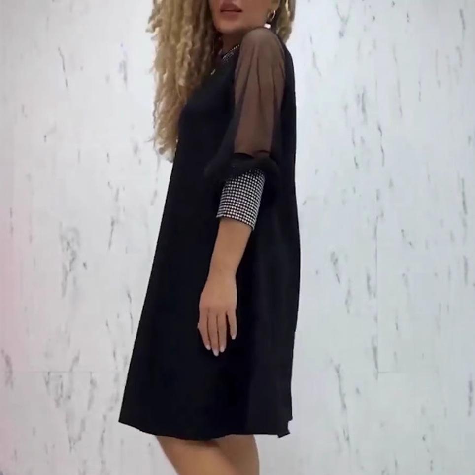 Podzim/Zima 2023 Jednobarevné diamantové šaty s kulatým výstřihem a dlouhým rukávem pro ženy