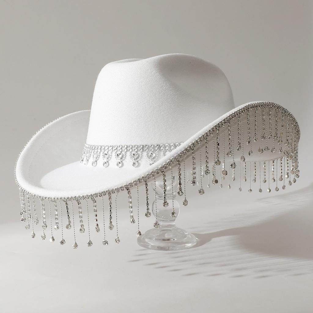 Popular Women's British Elegant Hat with Luxurious Rhinestone Chain and Rhinestone Tassels for Engagement and Vacation