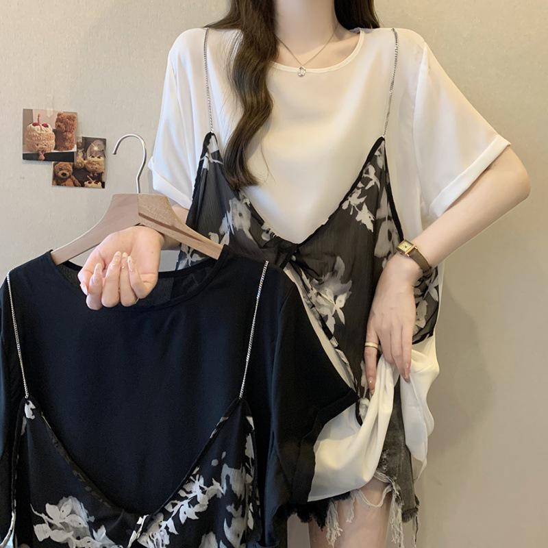 

2024 Summer Women s Loose Fit Chiffon Two-Piece Look Pullover T-Shirt M чорний