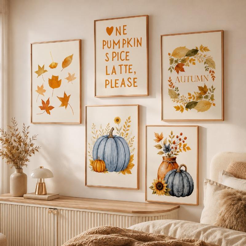 Watercolor Fall Maple Leaf Canvas Gallery Wall Prints Blue Pumpkin Pumpkin Spice Typography Wall Art Farmhouse Home Decor Gift