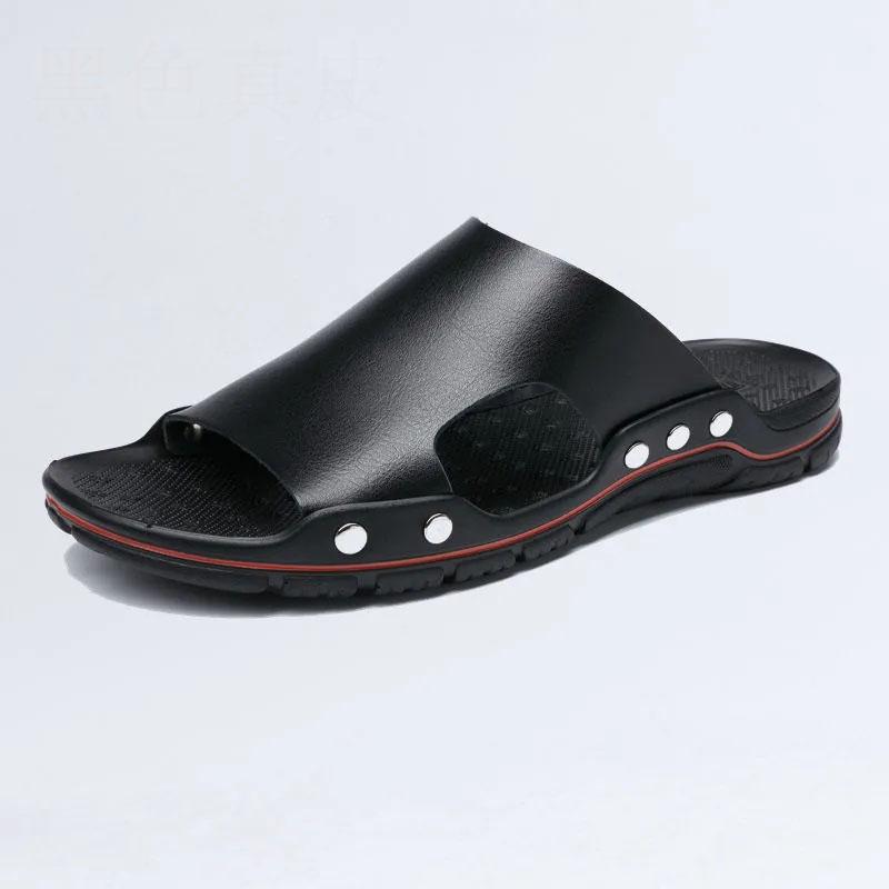 

Мужские кожаные тапочки из искусственной мягкой кожи на плоской подошве в стиле пэчворк Цветные повседневные удобные простые летние новые модные 43 чёрный