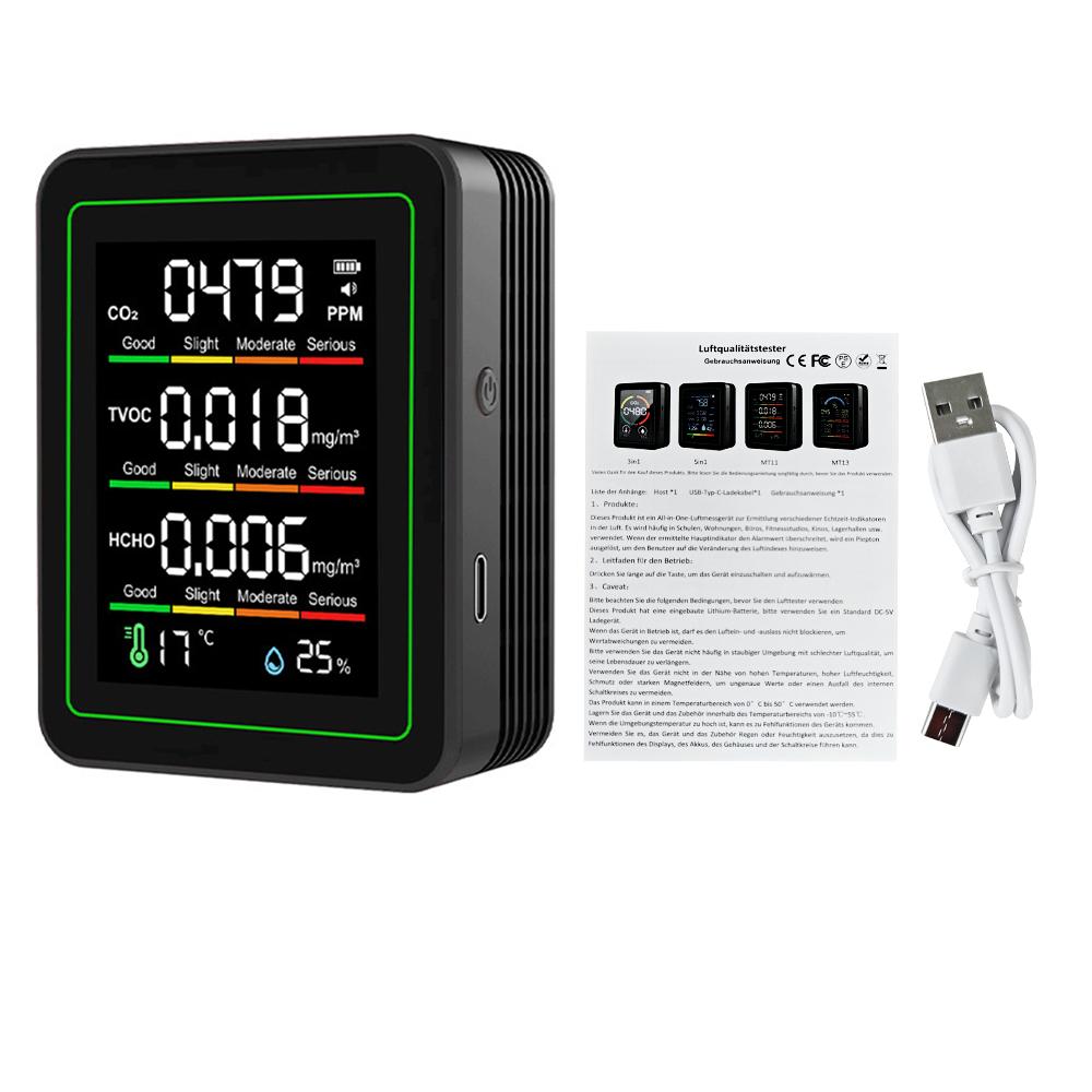 MT11 5-in-1 Air Quality Monitor Carbon Dioxide Detector Formaldehyde TVOC Temperature & Humidity Air Quality Monitor Type C Port