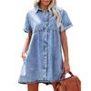 European and American Washed Denim Ruffle Mini Dress with Turn-Down Collar