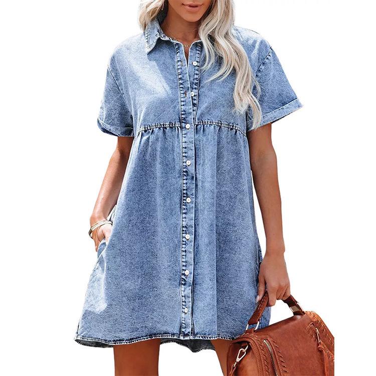European-American Washed Denim Ruffle Dress with Turn-Down Collar