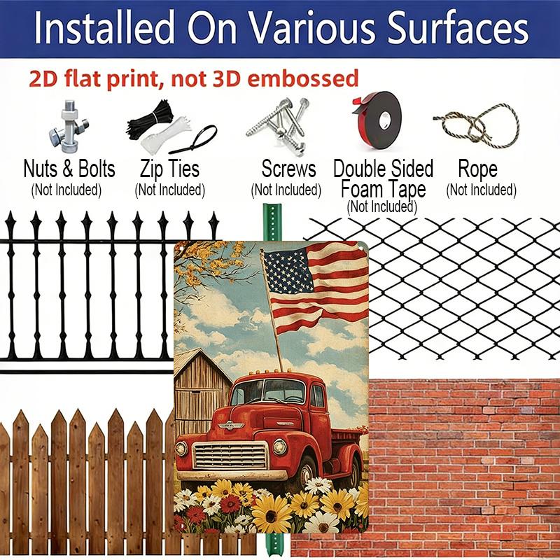2D Flat Vintage Red Truck American Flag Metal Sign Durable Aluminum Material 8*12 Inches Farmhouse Patriotic Decor, 4th of July Farm, Vintage Truck