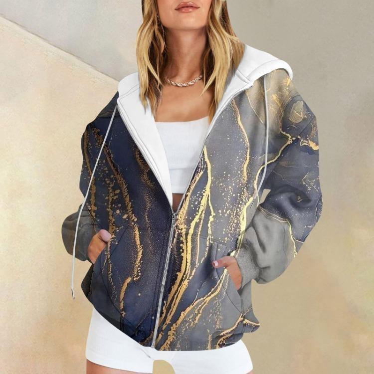 Damen Lässig Langarm Bedruckte Kapuzenpullover Sweatshirts Reißverschluss Pullover Textur Mantel Mode