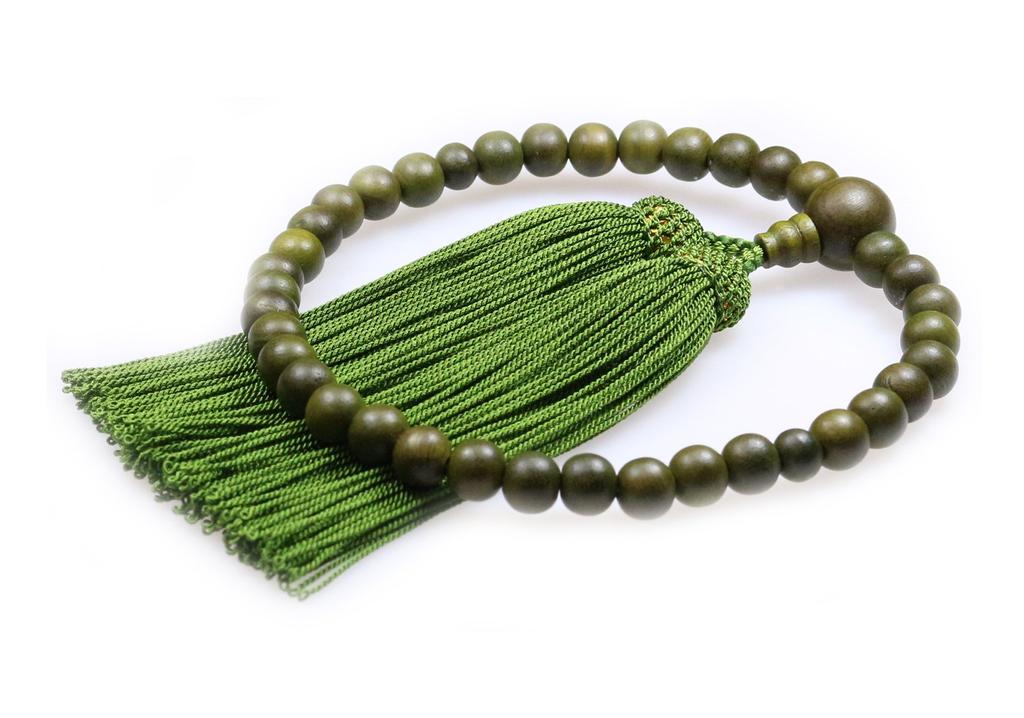 Nakago, Founded In 1885, Kyoto-style Prayer Beads, Green Sandalwood, 2 Shaku (1.5 Ft) Beads, with Matching Silk Tassel and Prayer Bead Pouch