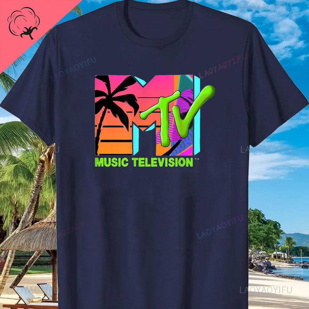 MTV Beach Island Logo Retro Grafik Baumwoll T-Shirt M-T-V Sonnenuntergang Palme Print Top Unisex Grafik T-Shirts
