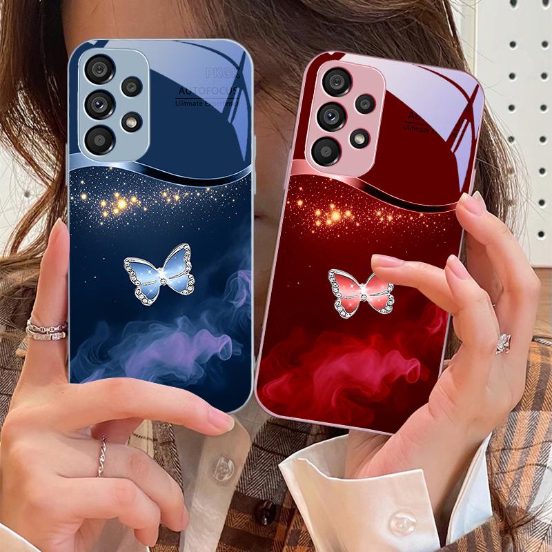 Pink Butterfly Ash Blue For Samsung Galaxy S10 4G S20 11E 30 S21 22 S24 Fe Pro S23 S25 Ultra 5G S9 Tempered Glass Phone Case