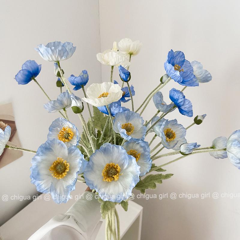 Blue Iceland Poppy Silk Flower Bouquet for Living Room Decoration