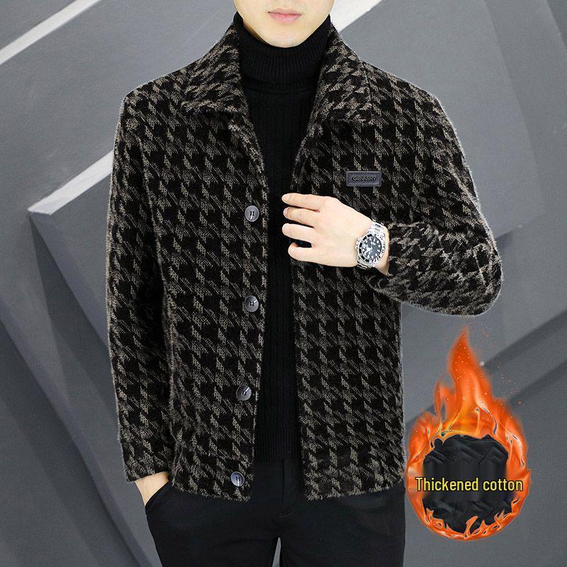 2025 Autumn/Winter Men's Trendy Fleece-Lined Plaid Wool Jacket
