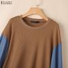 ZANZEA Damen Lässig Rundhals Patchwork Langarm Locker Herbst Pullover Tops