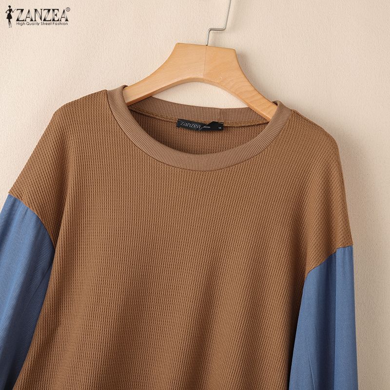 ZANZEA Women Casual Round Neck Patchwork Long Sleeve Loose Autumn Pullover Tops