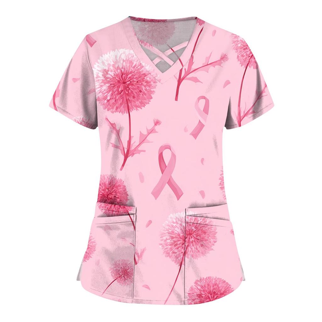 Dámská móda V-výstřih Krátký rukáv Kombinézy Kapsa s dvojitou vrstvou Tištěná trička Oblečení