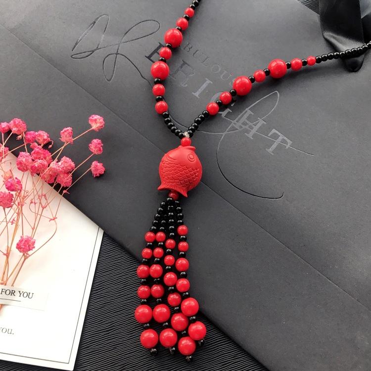 New Vintage Versatile Red Cinnabar Sweater Chain Natural Long Female Rose Necklace Pendant Accessories