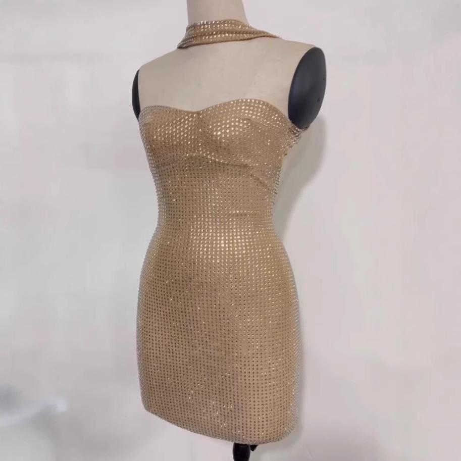 

European Style Sequin One-Shoulder Bodycon Dress - Sexy Backless Halter Mini Skirt for Women XS телесный