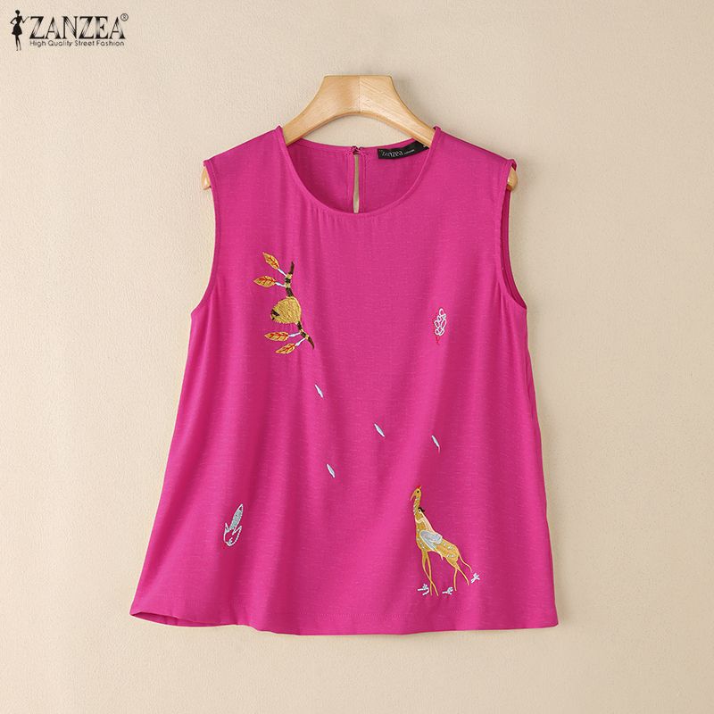 ZANZEA Women Casual Round Neck Sleeveless Embroidery Summer Tank Tops