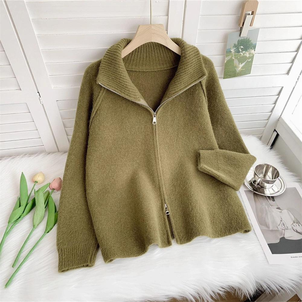 Cross-border Foreign Trade Solid Color Stand-up Neck Zipper Sweater Jacket Autumn and Winter New Loose Thickened Soft Waxy Knitted Cardigan Top