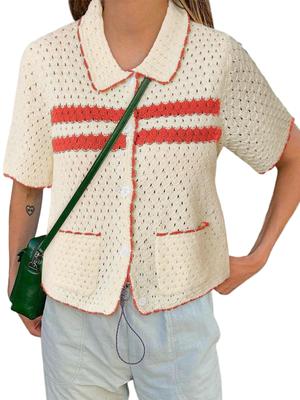 Damen Gestrickter Häkel-Cardigan mit Streifen Kurzarm Knopfleiste Ausgeschnitten Y2K Top