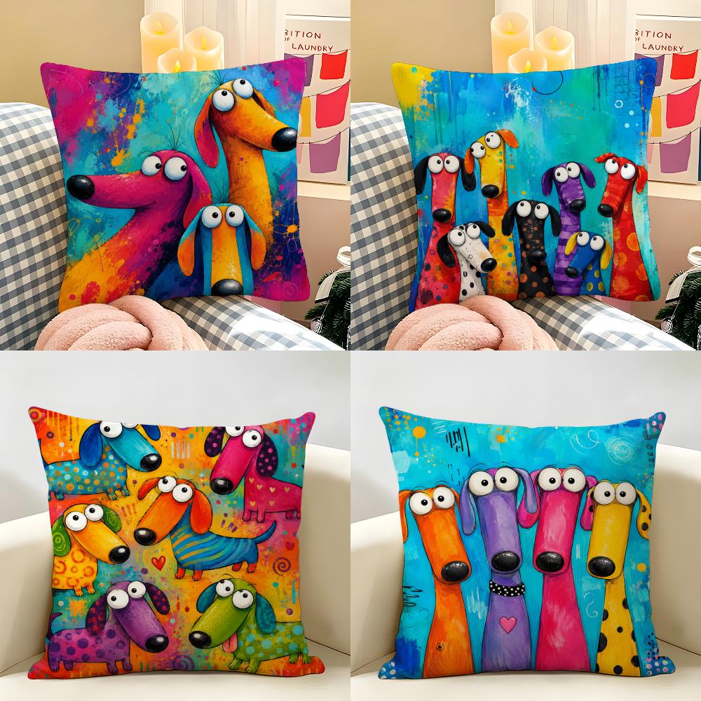 Funny Colorful Whimsical Dog Cushion Cover Natural Linen Organic Fabric Double-Sided Printing Breathable Perfect For Home Decor
