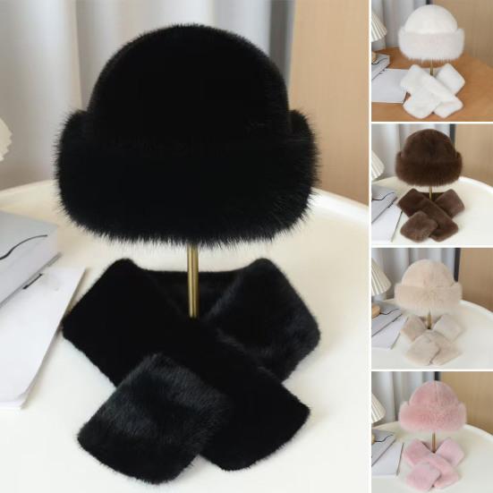 Winter Fuzzy Hat Scarf Set for Women Faux Fur Collar Wrap Scarf Thickened Plush Warm Cap for Cold Weather
