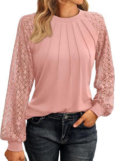 Women's Lace Long Sleeve Blouse Pleated Crew Neck Casual Elegant Workwear Tunic Top