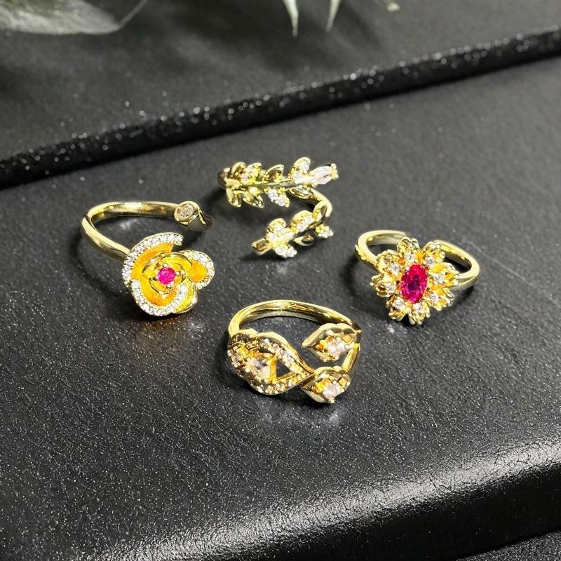 Full Of Diamonds, Zircon Flowers, Leaves, Flower Opening Rings, French Retro Medieval Style, Niche Court Style Rings